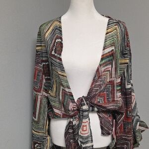 Geometric Red and Green Knit Poncho Sweater